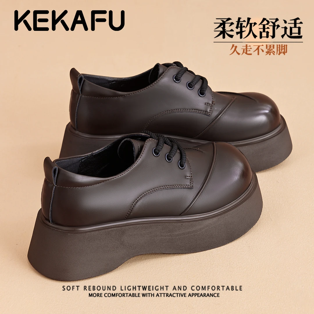 珂卡芙棕色百搭学院风小皮鞋女2025秋季新款深口单鞋松糕底乐福鞋