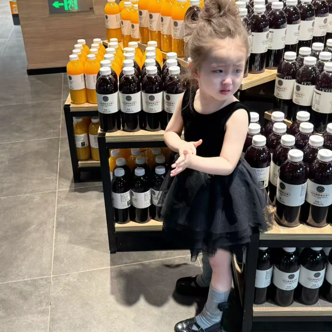 小思家女童2025夏季韩版洋气芭蕾公主风背心拼接网纱露背连衣裙