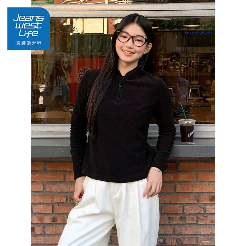 真维斯无界秋冬新款日系立领半开襟保暖摇粒绒百搭套头衫抓绒卫衣