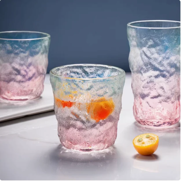 冰川纹玻璃杯樱花高颜值水杯女夏季风咖啡杯果汁饮料啤酒杯子