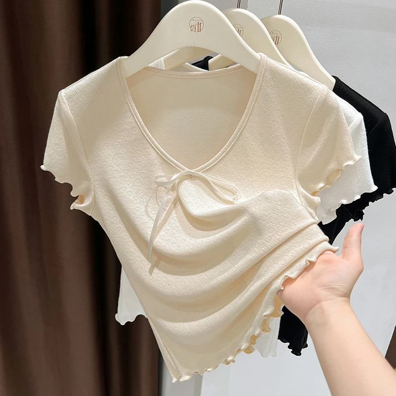 杏色气质内搭V领打底衫爆款短袖针织上衣女夏季薄款木耳边T恤小衫