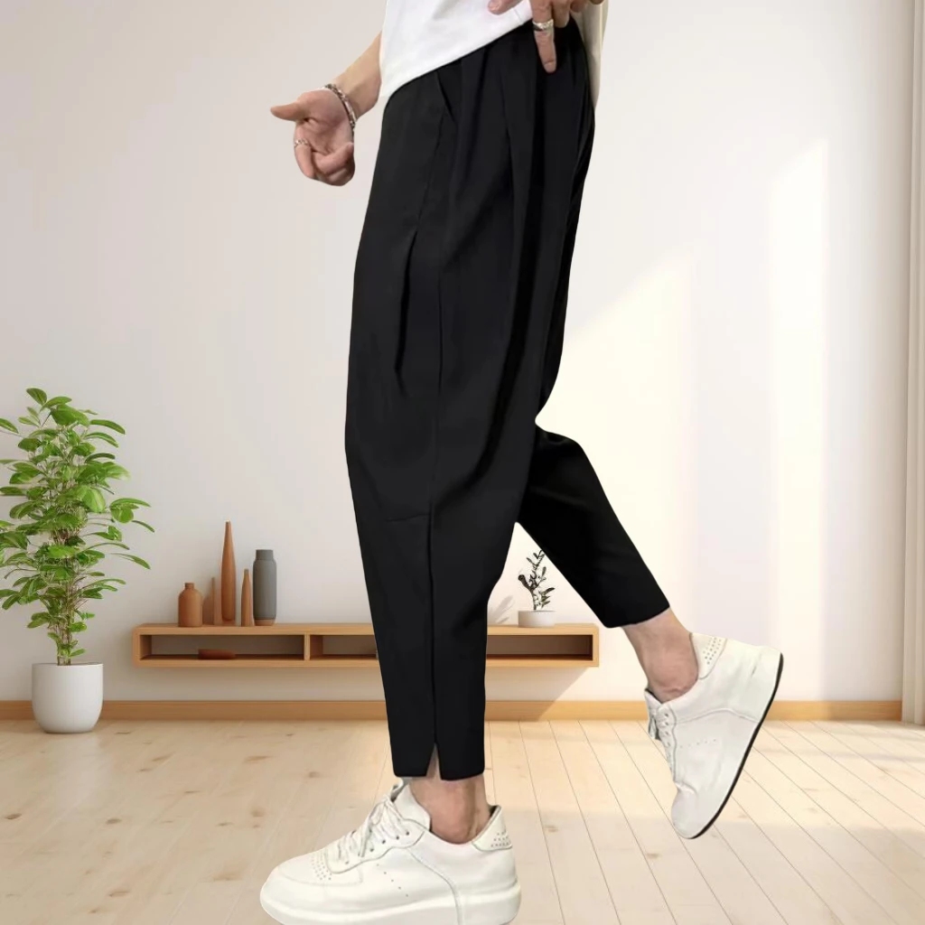 夏季薄款潮流时尚冰丝裤男士冰凉薄款开叉小脚裤简约休闲九分裤子