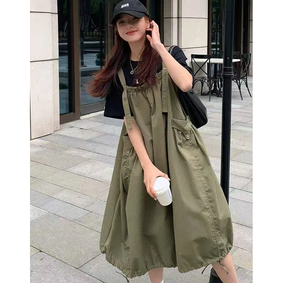 2025夏季新款港风复古高级感连衣裙小个子工装背带裙宽松蓬蓬裙女