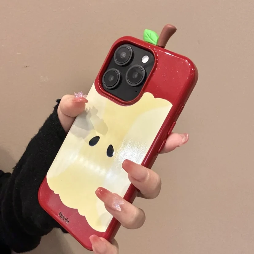 红底涂鸦苹果立体叶子适用iphone16promax苹果15pro手机壳14新款