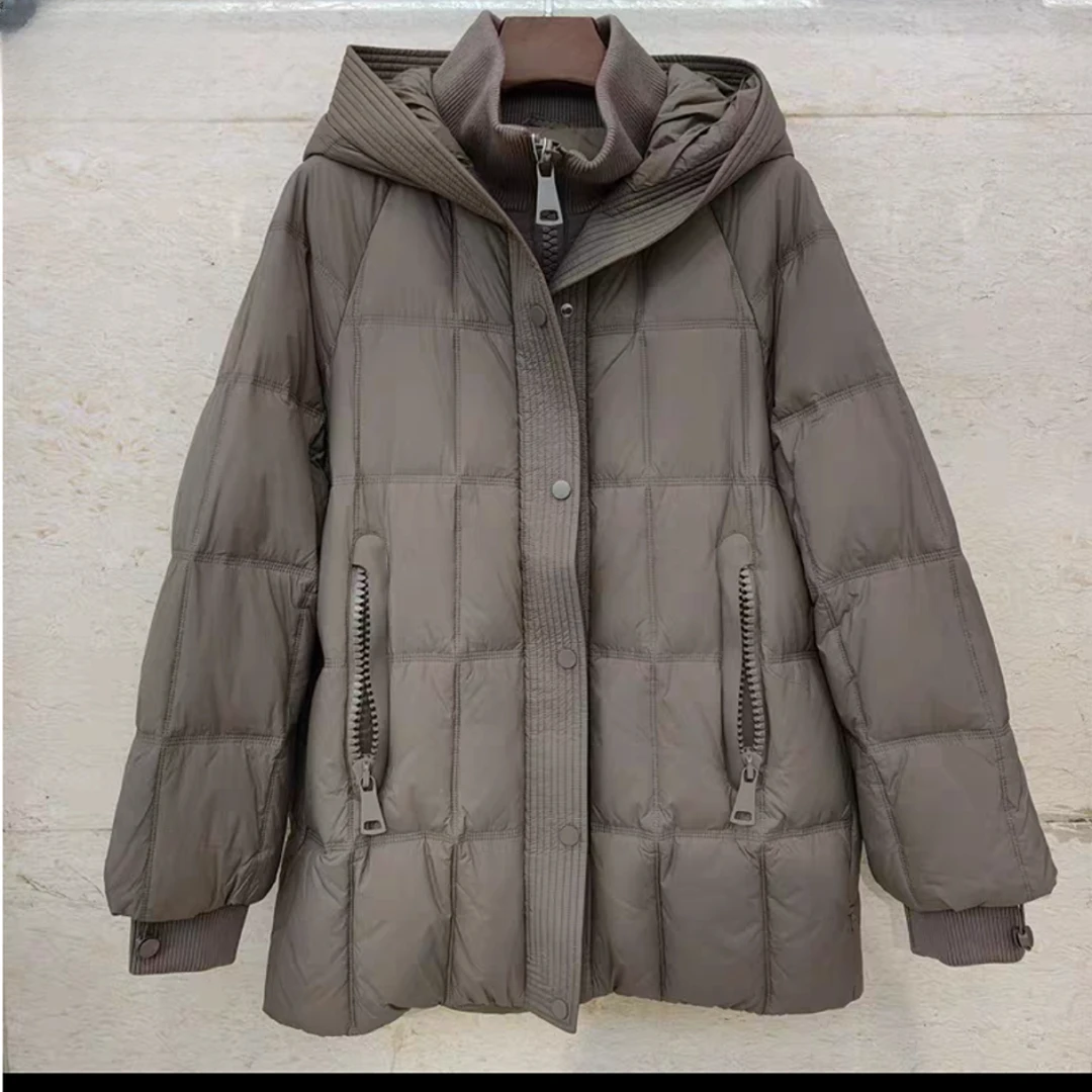 女款冬季新款保暖中长格子连帽羽绒服-2512