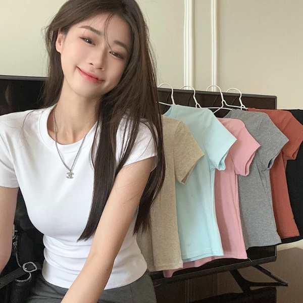 黑色收腰正肩短袖t恤女夏季新款修身显瘦辣妹美式高腰短款上衣女T