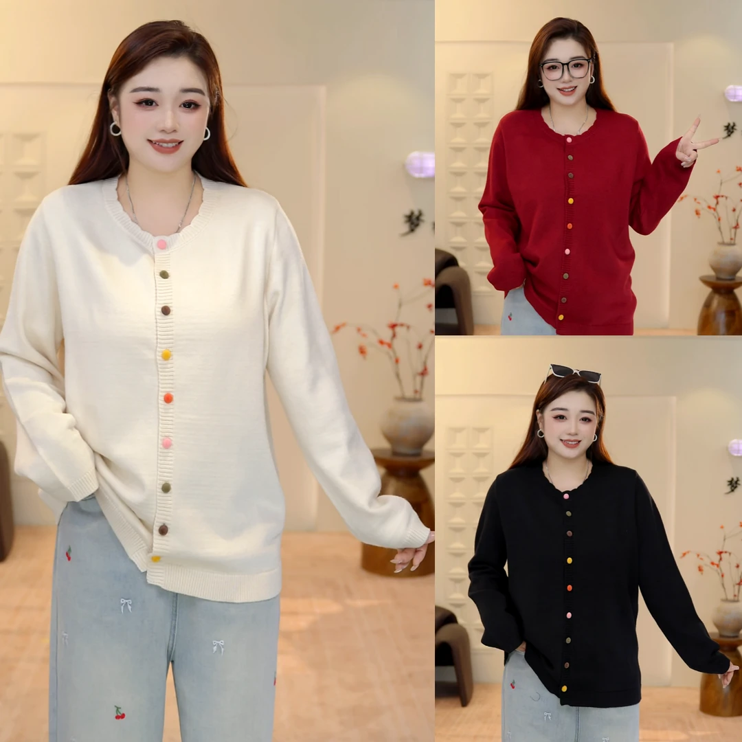 大码女装花边领长袖正肩显瘦宽松时尚气质针织衫温柔彩色扣子开衫