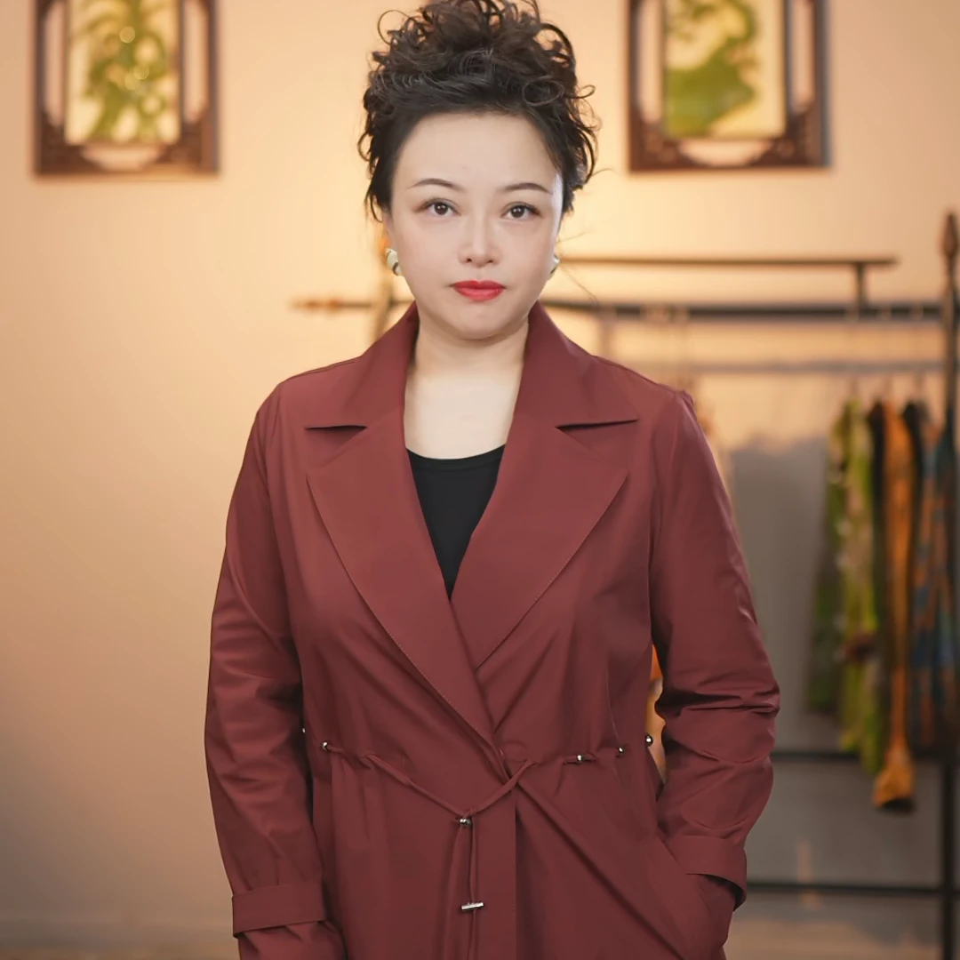 常规秋季中长款秋适中常规款风衣红色网红设计师款修身