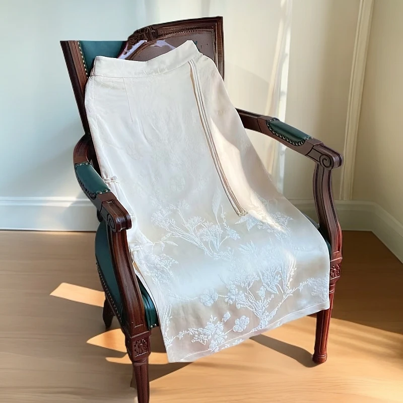 深圳南油！！秋冬新中式复古国风高腰开叉米白色提花半身长裙时尚