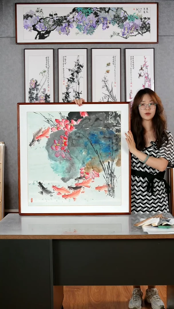 国画阿里丁《九龙戏水》含框82*82厘米