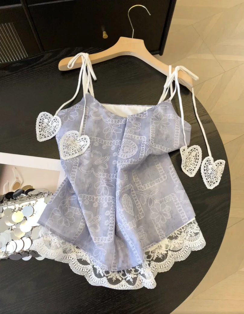 2025新款设计感印花蕾丝拼接吊带背心女夏季个性气质无袖甜美上衣