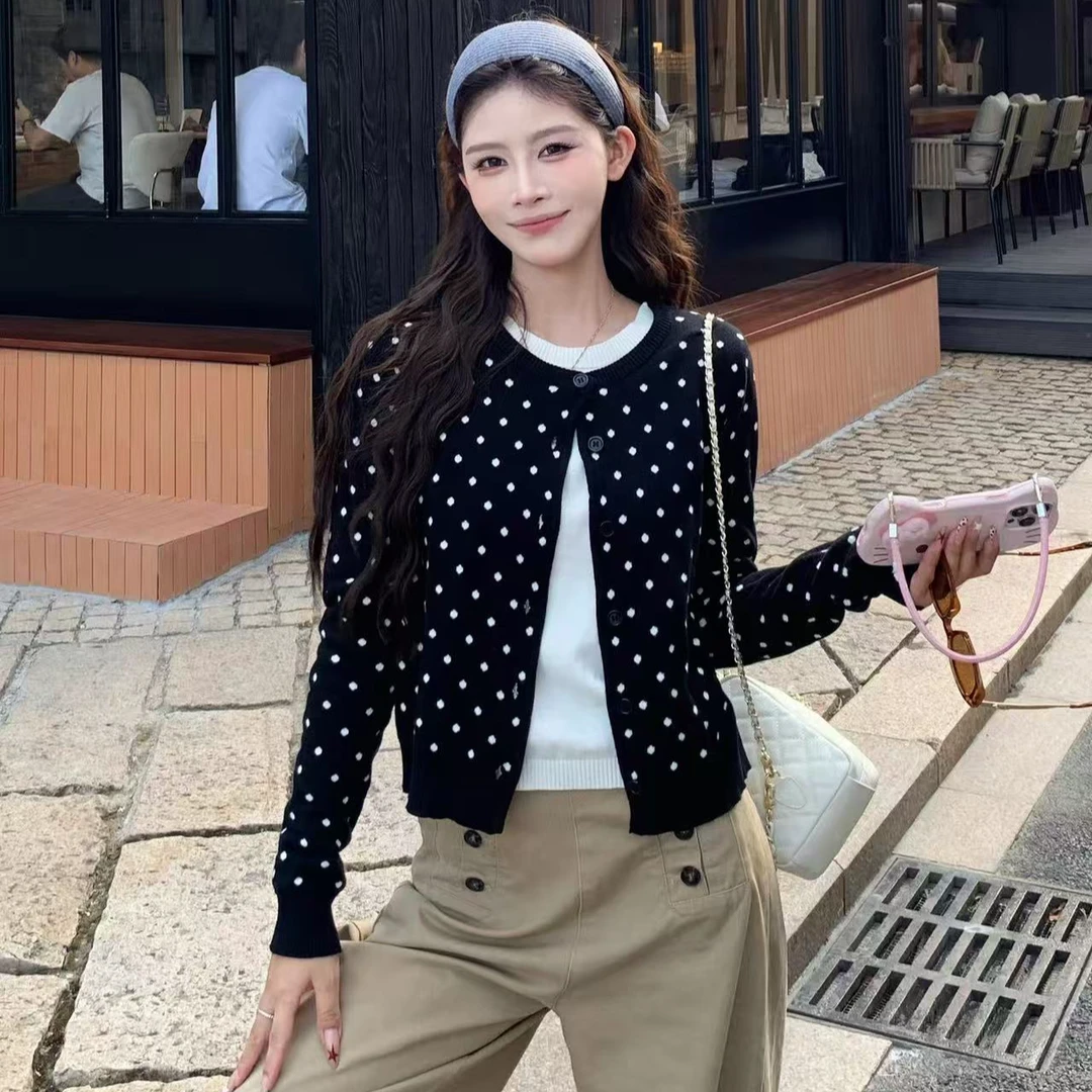 2025秋冬新款韩系chic波点穿搭软糯开衫毛衣外套女针织衫短款上衣