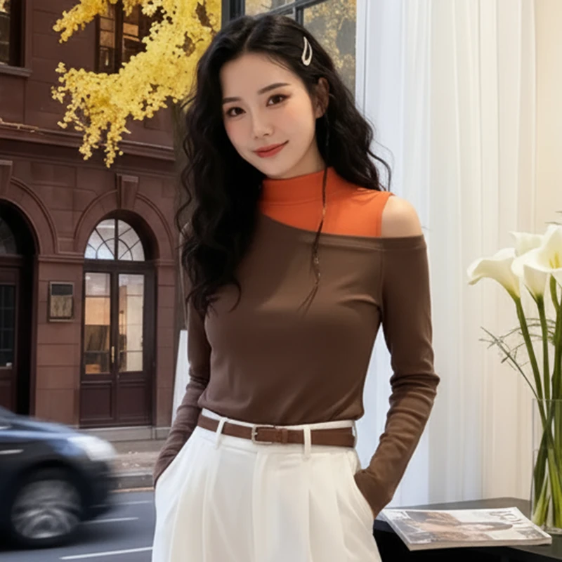 设计感简约半高领露肩长袖T恤秋季新款假两件拼接修身打底衫上衣
