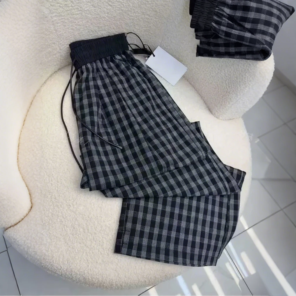 2025夏季新款格子阔腿裤女薄款休闲透气高腰显瘦垂感直筒裤