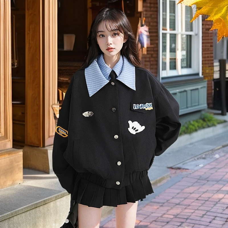 女长袖翻领秋季短外套百搭学生上衣休闲韩版小个子ins宽松春秋