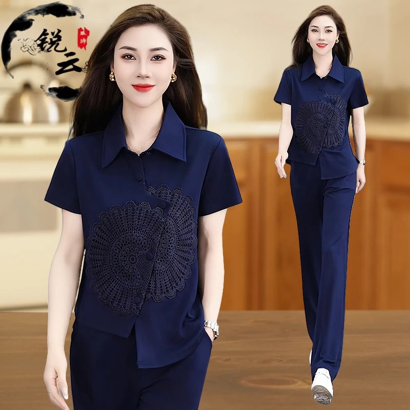 夏装翻领中国风两件套夏季洋气中老年休闲运动套装女显瘦宽松百搭