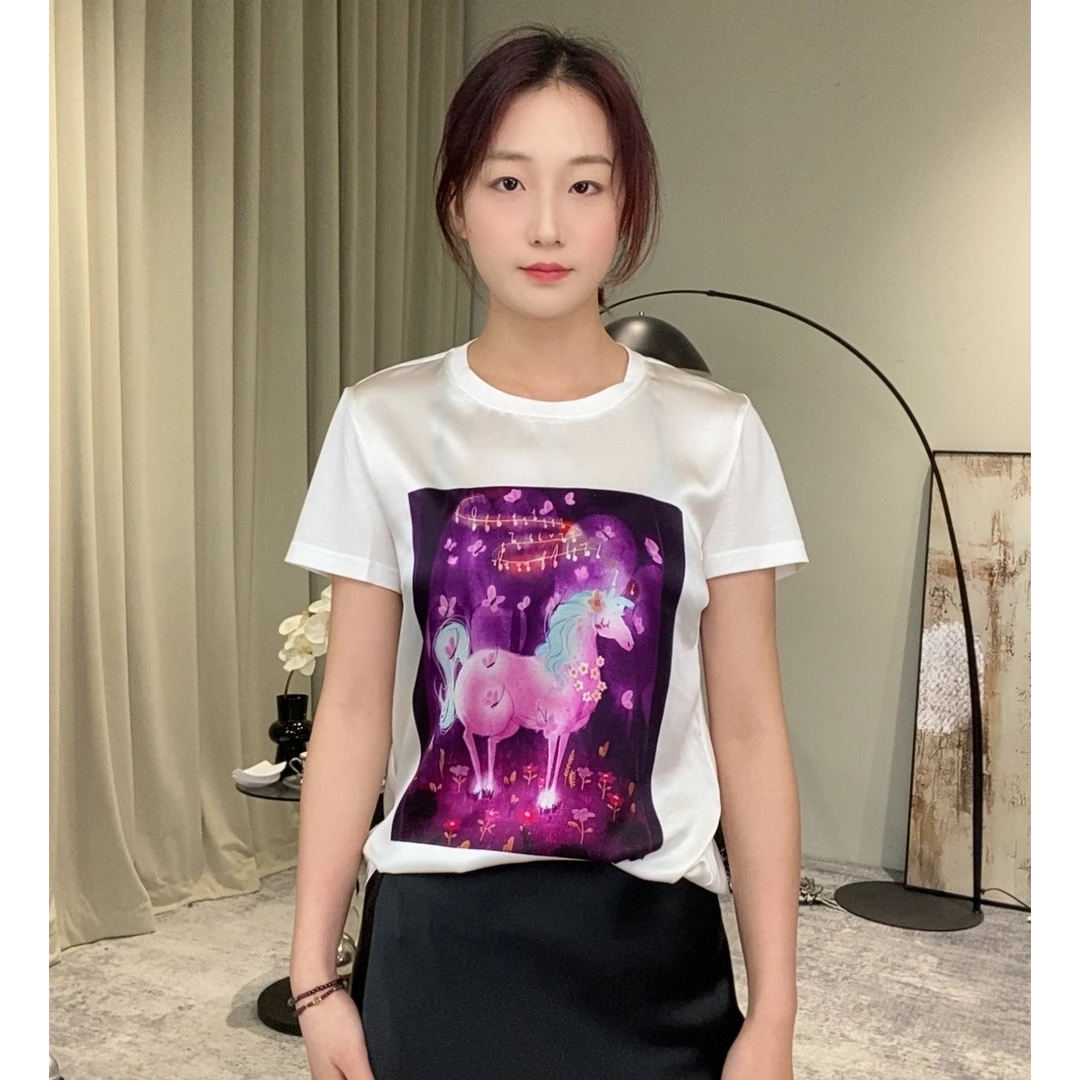 【燕子在南油】衣长60时尚休闲真丝音符印花拼接棉圆领短袖T桖3884