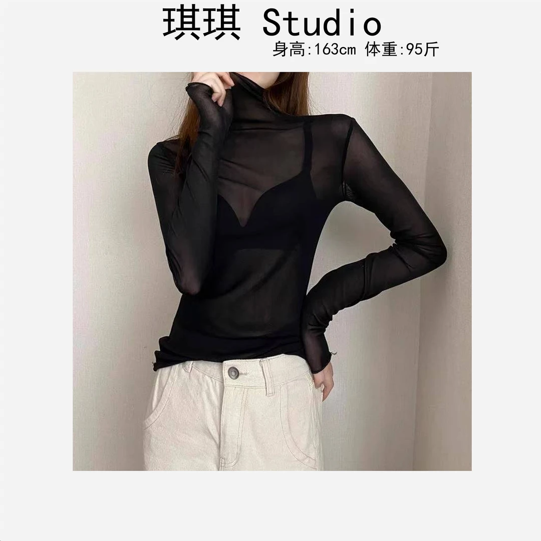 早春新款气质时尚甜美洋气高领纱纱舒适亲肤休闲百搭打底上衣77