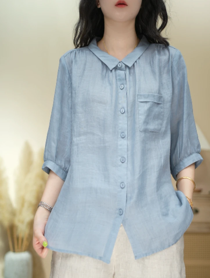 6115纯苎麻显瘦休闲百搭斜纹纯色夏季衬衫