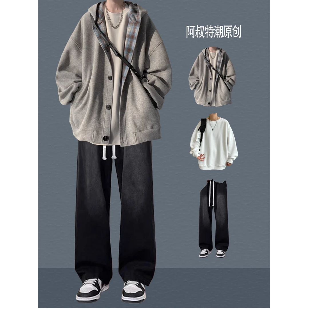 男生秋冬穿搭个性 cleanfit 小众高级感高知感外套牛仔裤套装100