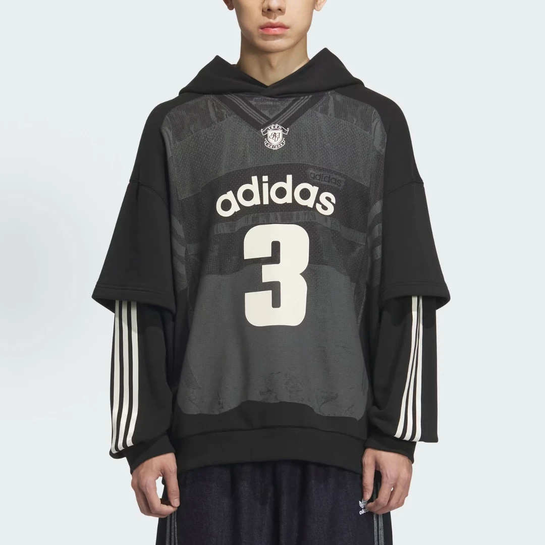 Adidas三叶草时尚复古假两件毛圈布运动连帽卫衣套头衫KC2607