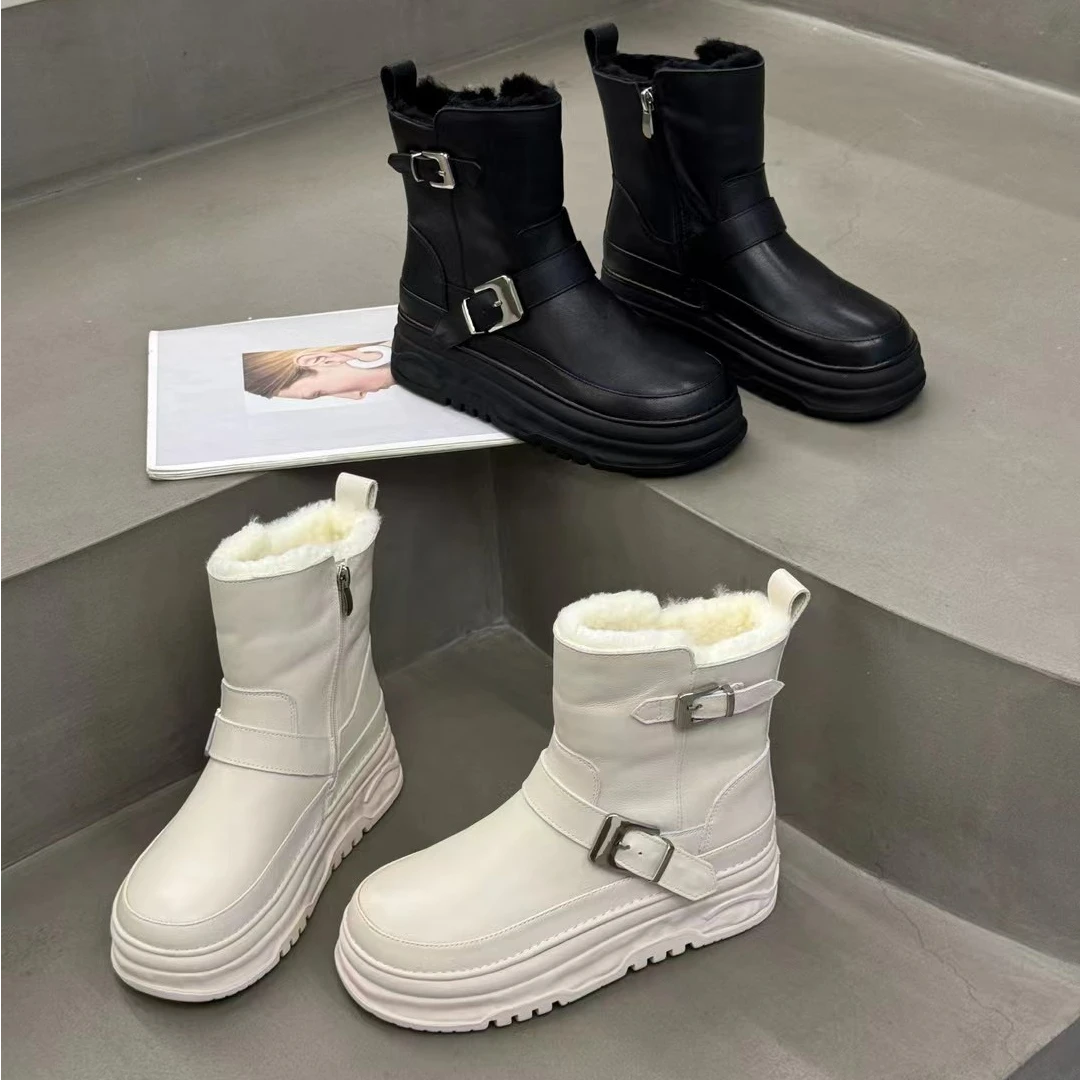 23096冬季新款厚底短靴女真皮保暖羊皮毛一体雪地靴马丁靴女靴子