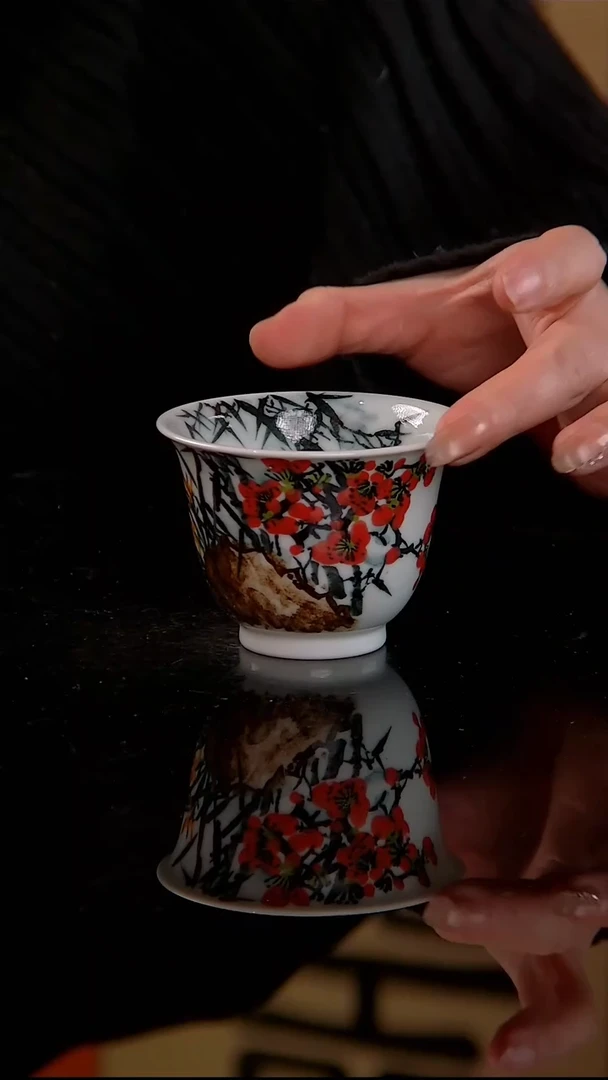 李华手绘釉中五彩梅兰竹菊大铃铛杯