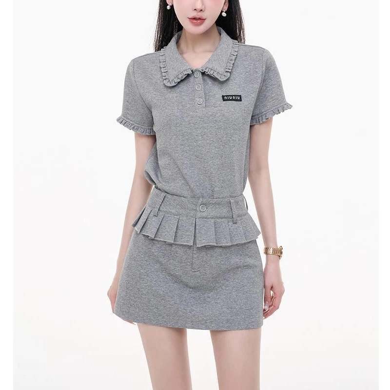 学院风polo衫套装女夏季miu系休闲娃娃领木耳边+半身裙两件套