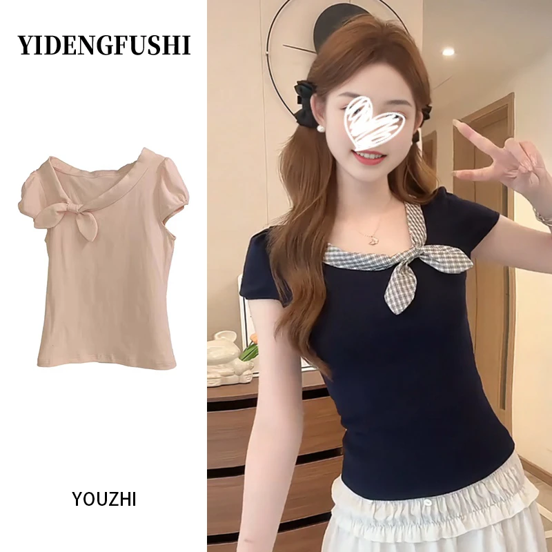 大码胖纯欲慵懒风蝴蝶结正肩短袖恤女夏季时尚别致洋气上衣潮