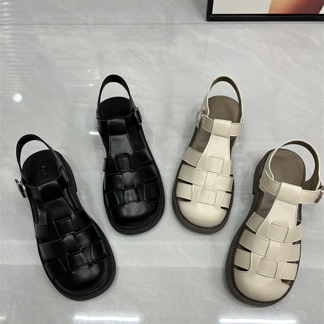 TIBAM包头凉鞋女夏季2024新款平底软底休闲沙滩镂空罗马鞋猪笼鞋