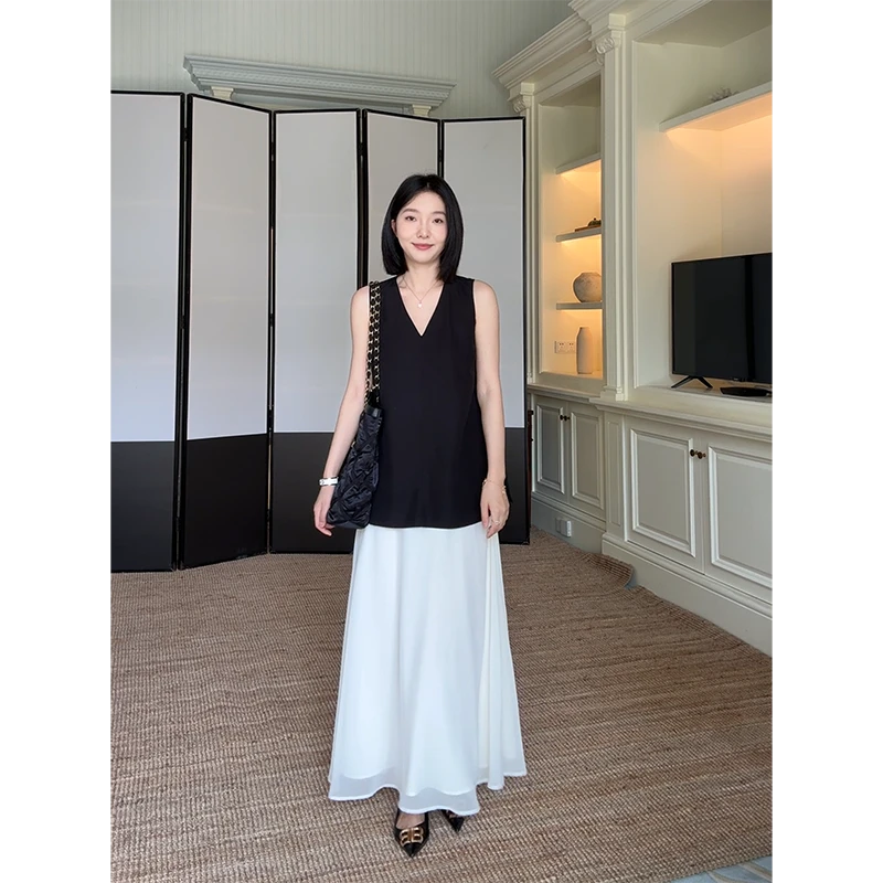 郭九九呢 亚麻天丝V领简约无袖上衣飘逸仙气半身裙 G925A06672-1