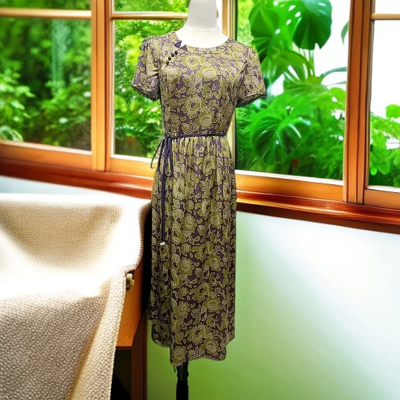夏季时尚复古气质系带显瘦花色连衣裙S750