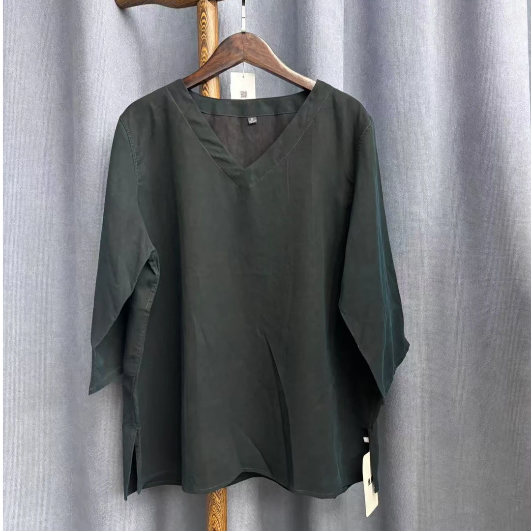 2025夏季新款简约百搭宽松桑蚕丝香云纱v领七分袖上衣女A930