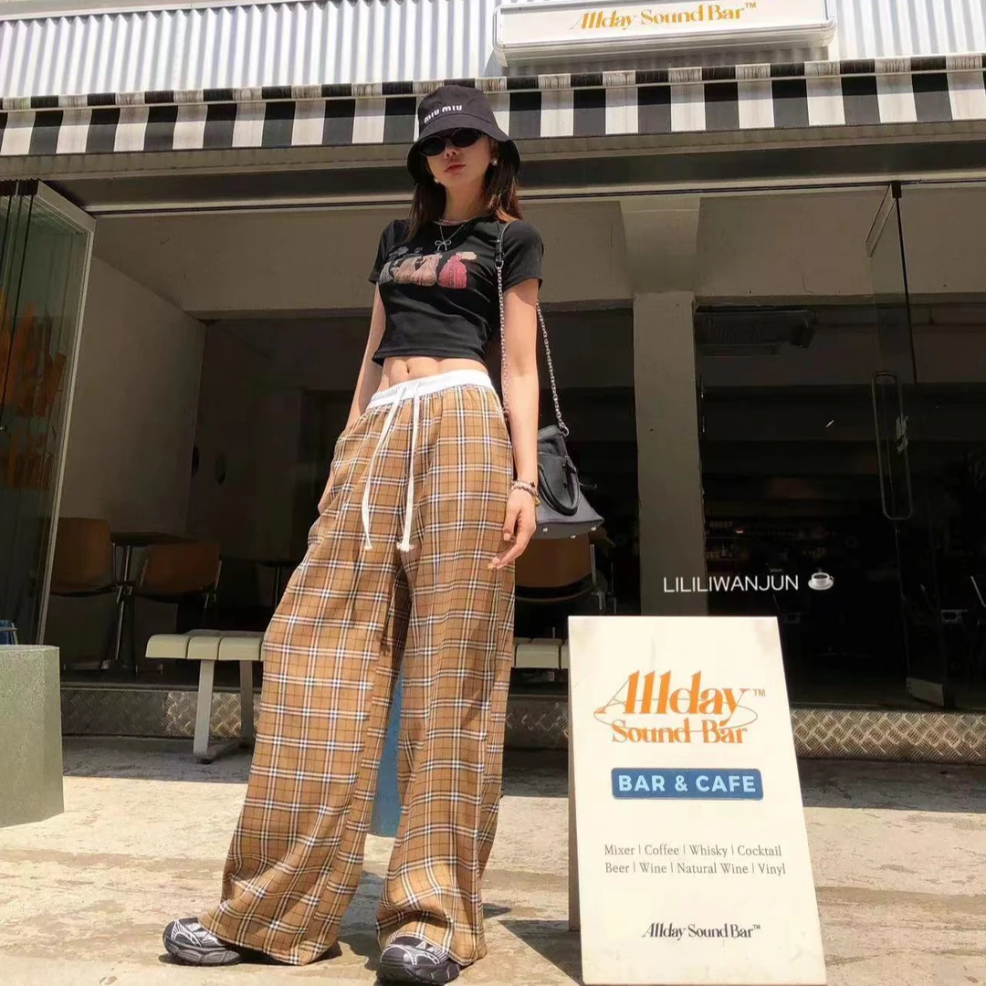 婉君【复古格子裤】棋盘格时尚垂感休闲瘦版阔腿裤LWJ24B2K1012