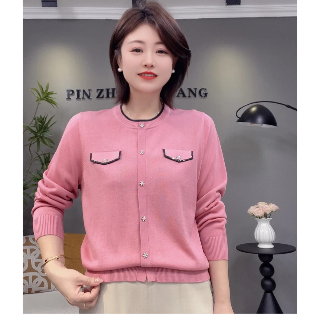 春秋衫纯色毛针织衫圆领百搭开衫款宽松型女女装时尚洋气37073