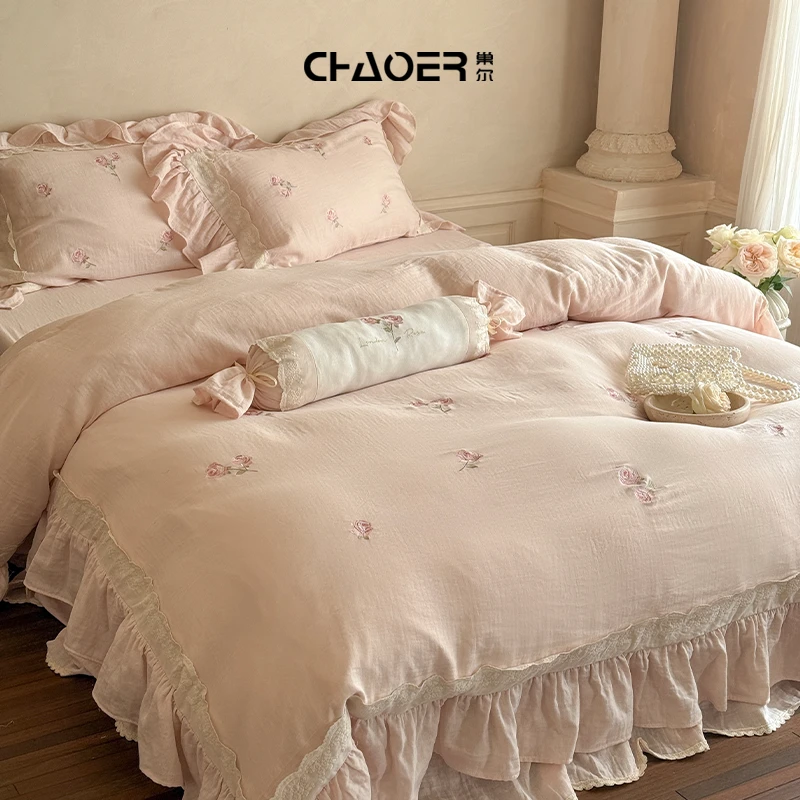 巢尔【南法玫瑰】小清新全棉双层纱皱皱纱四件套纯棉套件床品