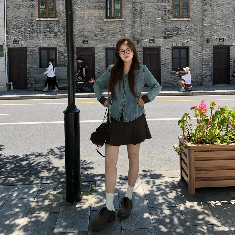 盈盈&南岛风大码女装美拉德风牛仔外套秋季胖mm皮裙套装ZYY2187
