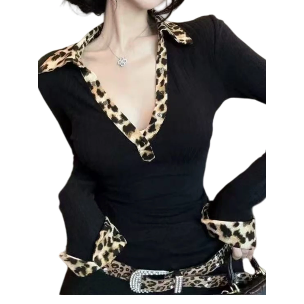 午餐肉美式辣妹性感低胸深v领上衣女秋Polo领豹纹打底衫