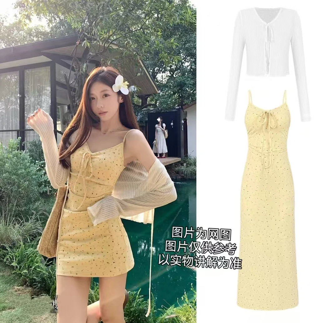 2025夏季新款大码女装套装法式碎花长短款吊带裙+防晒外披