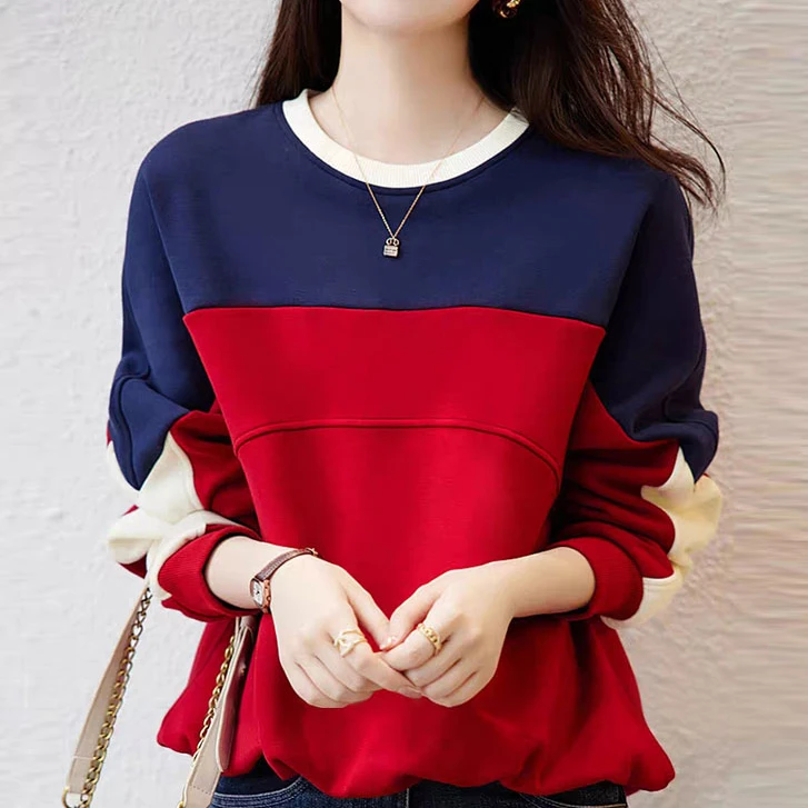 圆领拼色显瘦卫衣秋冬休闲宽松百搭长袖保暖上衣打底衫女