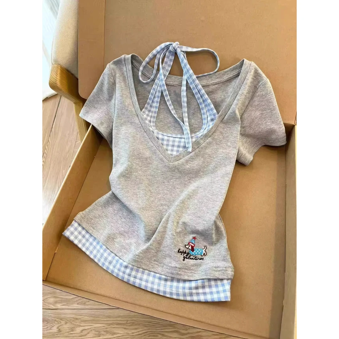 CKKOR夏季新款假两件短袖t恤女韩系辣妹修身显瘦时尚气质刺绣上衣