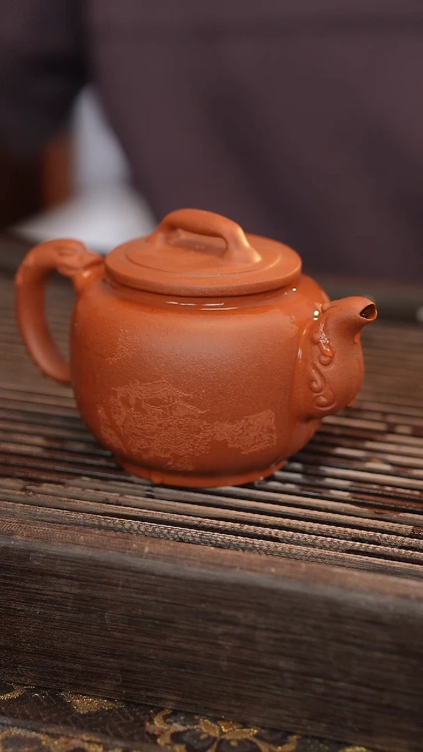 茶壶紫砂花鸟源头 红清水 半手工 雕刻随机 260cc