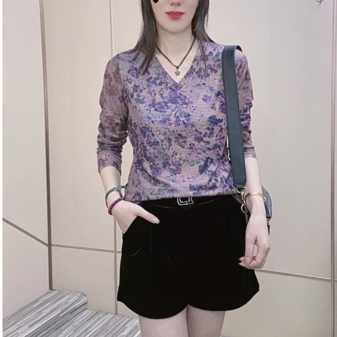 V领柔软秋季新款葡萄紫肌肤纱长袖t恤女宽松遮肚打底衫外穿上衣T