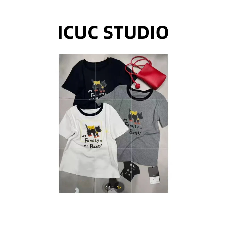 ICUC STUDIO-【圆领拼色狗狗图案T恤】夏季新款显瘦百搭短袖7373