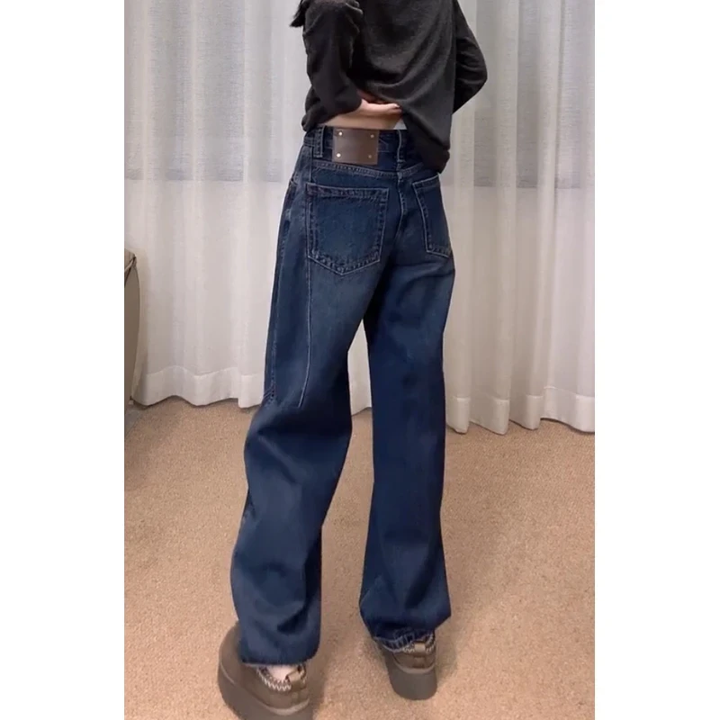 潮流复古时尚窄版皮标牛仔裤女秋季新款高腰宽松显瘦洋气直筒裤