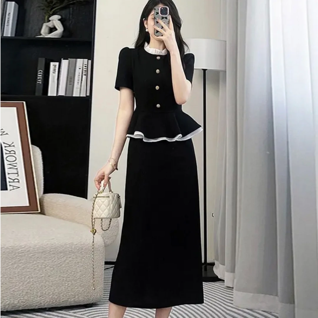 夏季小香风黑色连衣裙女修身显瘦气质高级感拼接假两件法式长裙