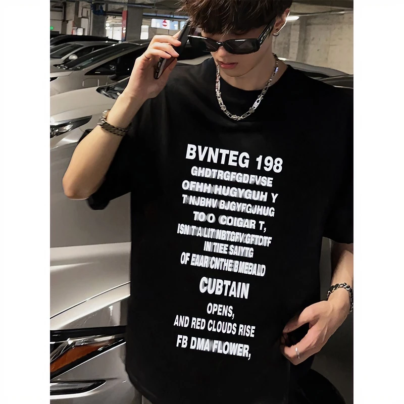 欧美潮流纯棉男士t恤重磅260g圆领短袖痞帅高级感小众潮牌五分袖