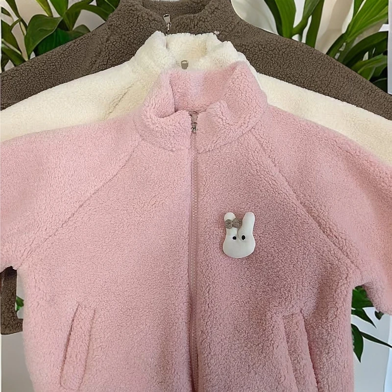 女童羊羔绒秋冬款拉链开衫外套半高领时尚外衣
