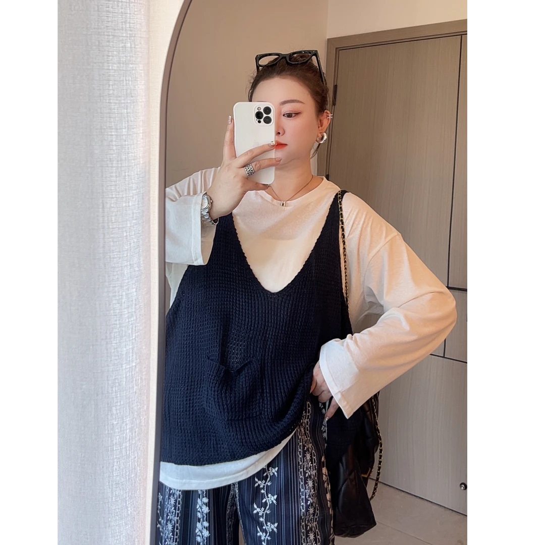 法式小香风松弛感叠穿马甲背心圆领纯色T恤高腰条纹阔腿裤女套装