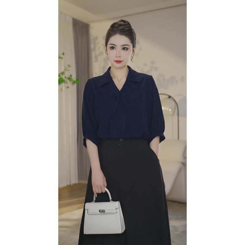 【夏日清仓】8592496藏青色短袖衬衫女设计感小众气质宽松洋气